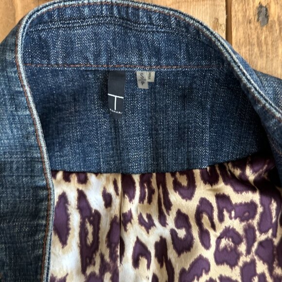 Tahari Denim Jacket Leopard Print interior Structured Nice! S - Picture 2 of 8